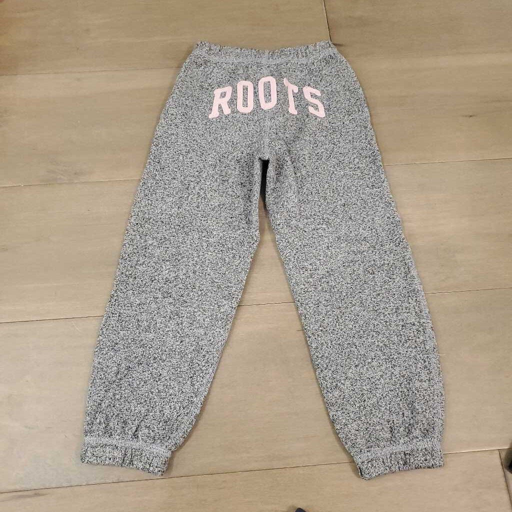 Roots grey pepper classic sweatpants with pink Roots across bum 5Y
