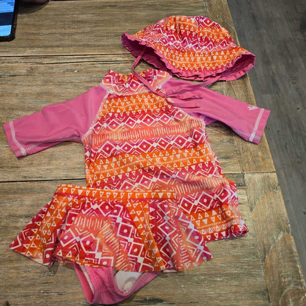 UV Skinz pink orange rashguard skirted 3pc swimsuit 2T