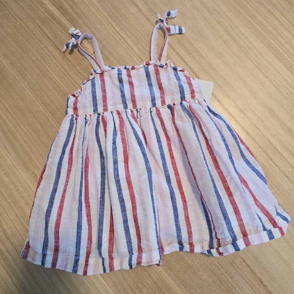 Gap white blue red pink stripe linen cotton dress 6-12m