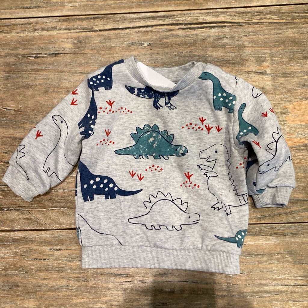 M&S Grey Dinosaur Cotton Blend LS Sweatshirt 0-3m
