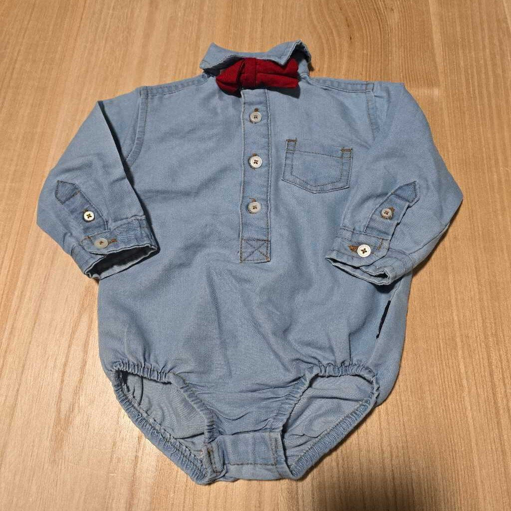 Ben Sherman chambray button up red bow LS onesie 3-6m
