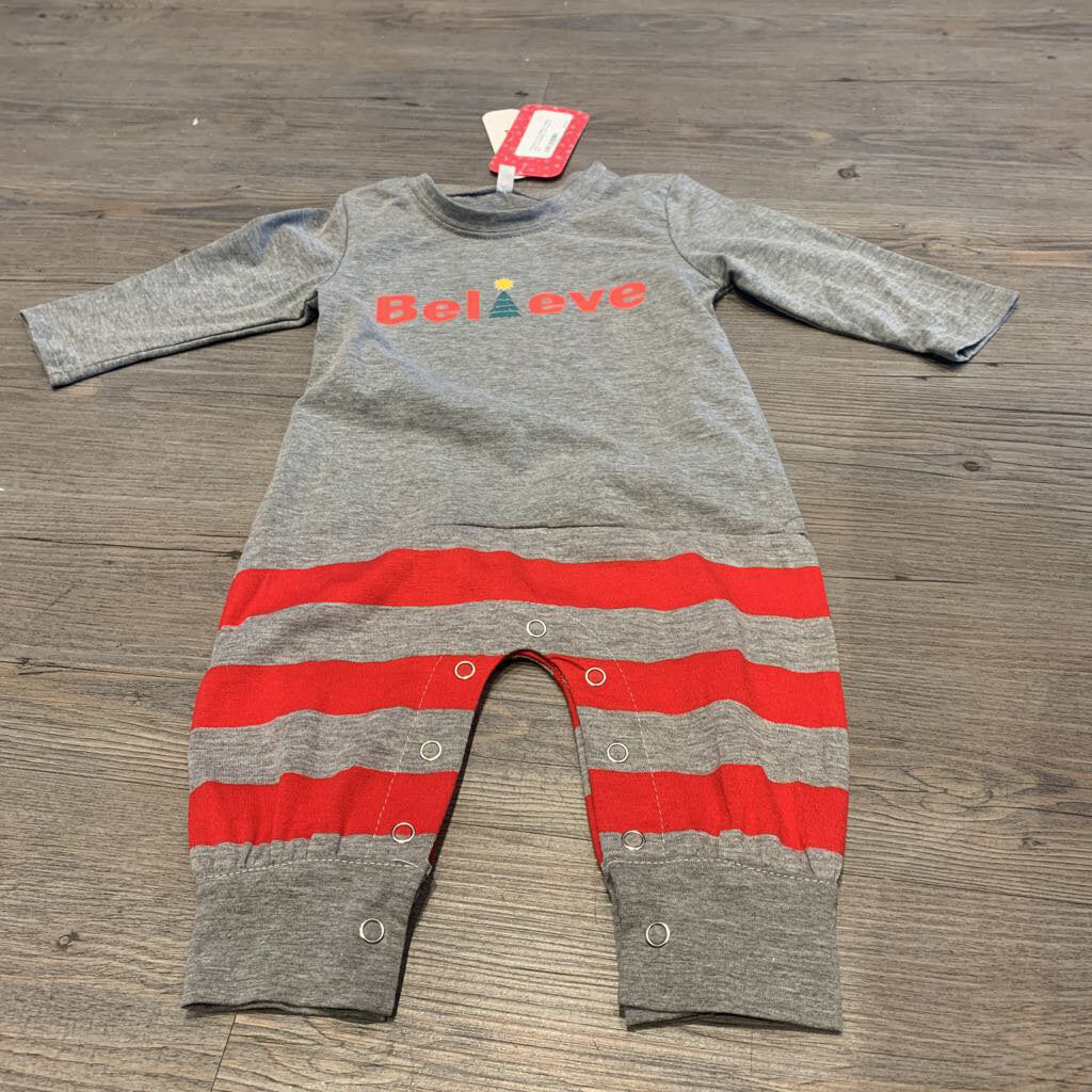 Grey Believe romper with red stripes 3-6m