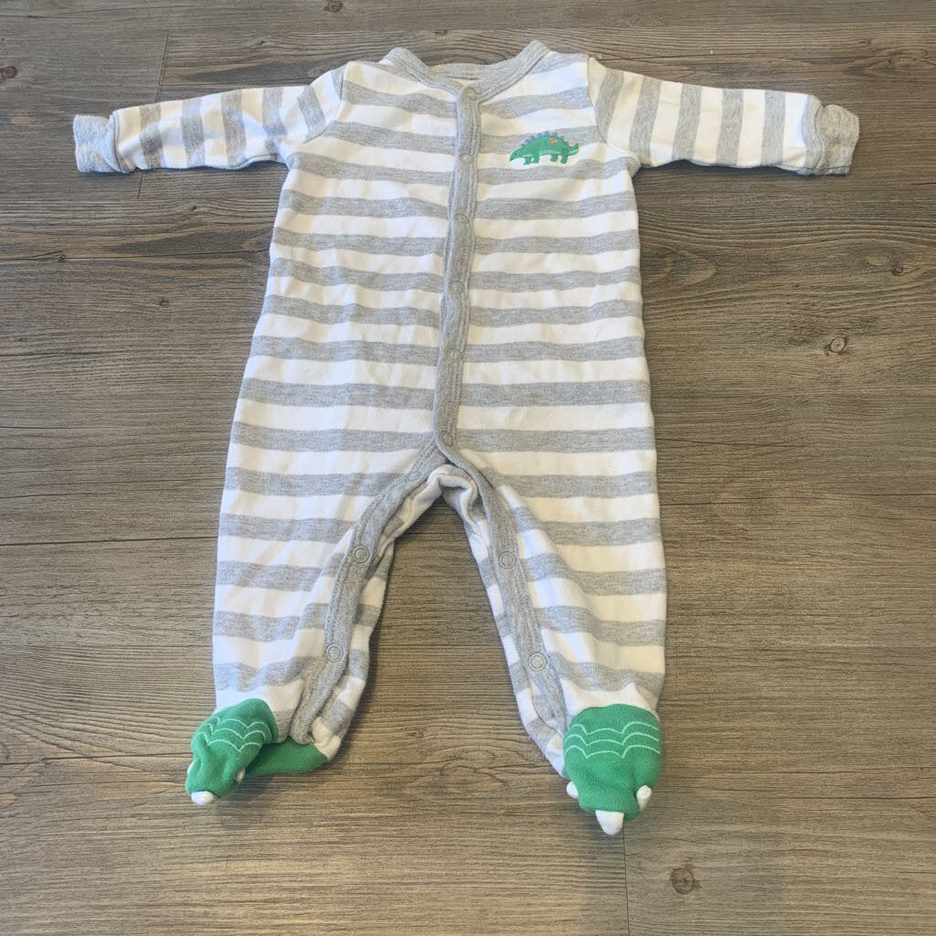 Carters grey, white stripes with dinosaur. Snap buttons 6m