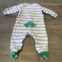 Load image into Gallery viewer, Carters grey, white stripes with dinosaur. Snap buttons 6m
