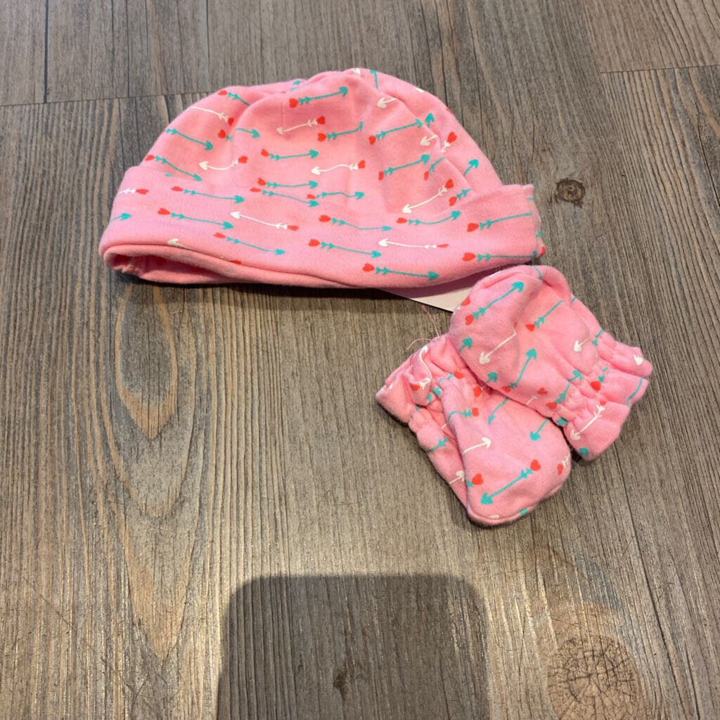 Pink with arrows baby hat and mit set 0-3m
