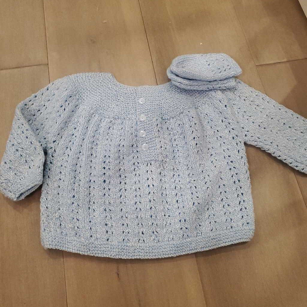 Hand made 5 button blue knit sweater with mitts 6-12m