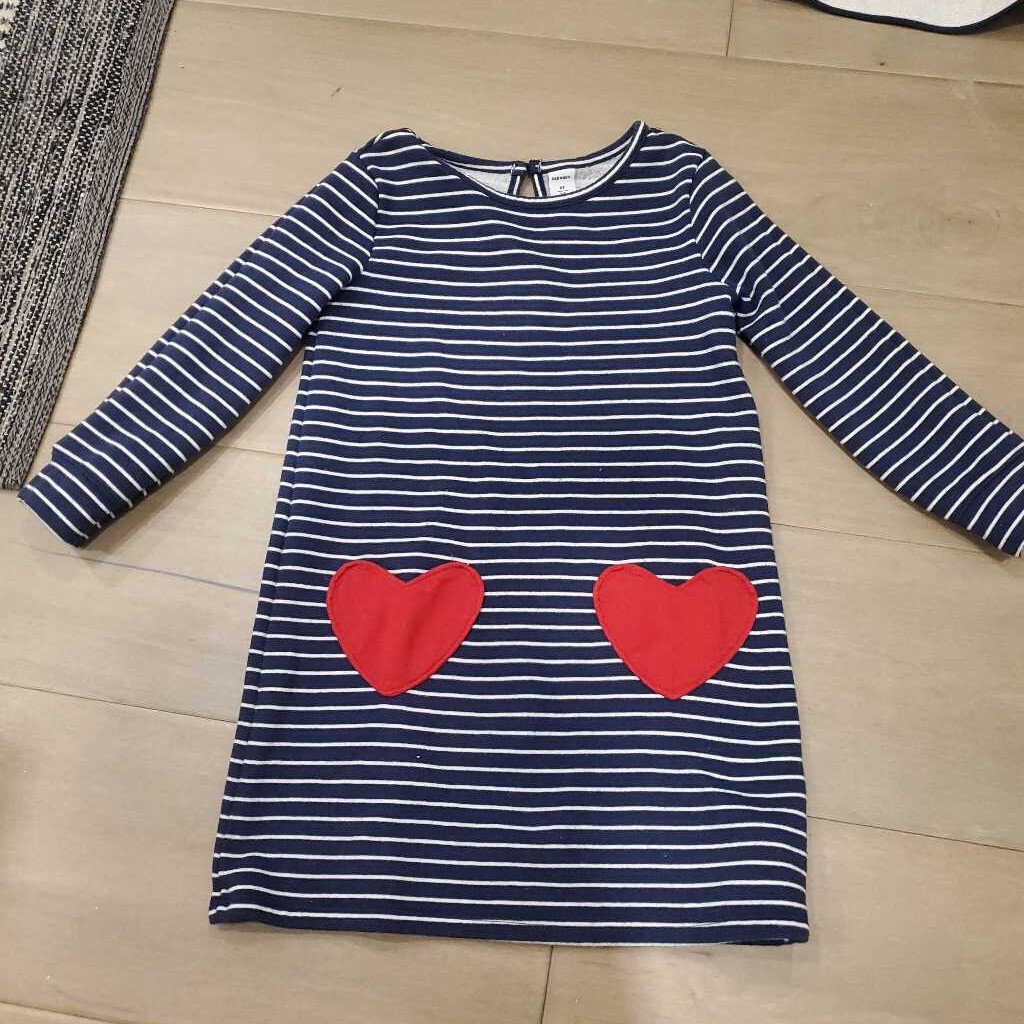 Old Navy blue stripe fleece lined dress with red heart pockets 5Y