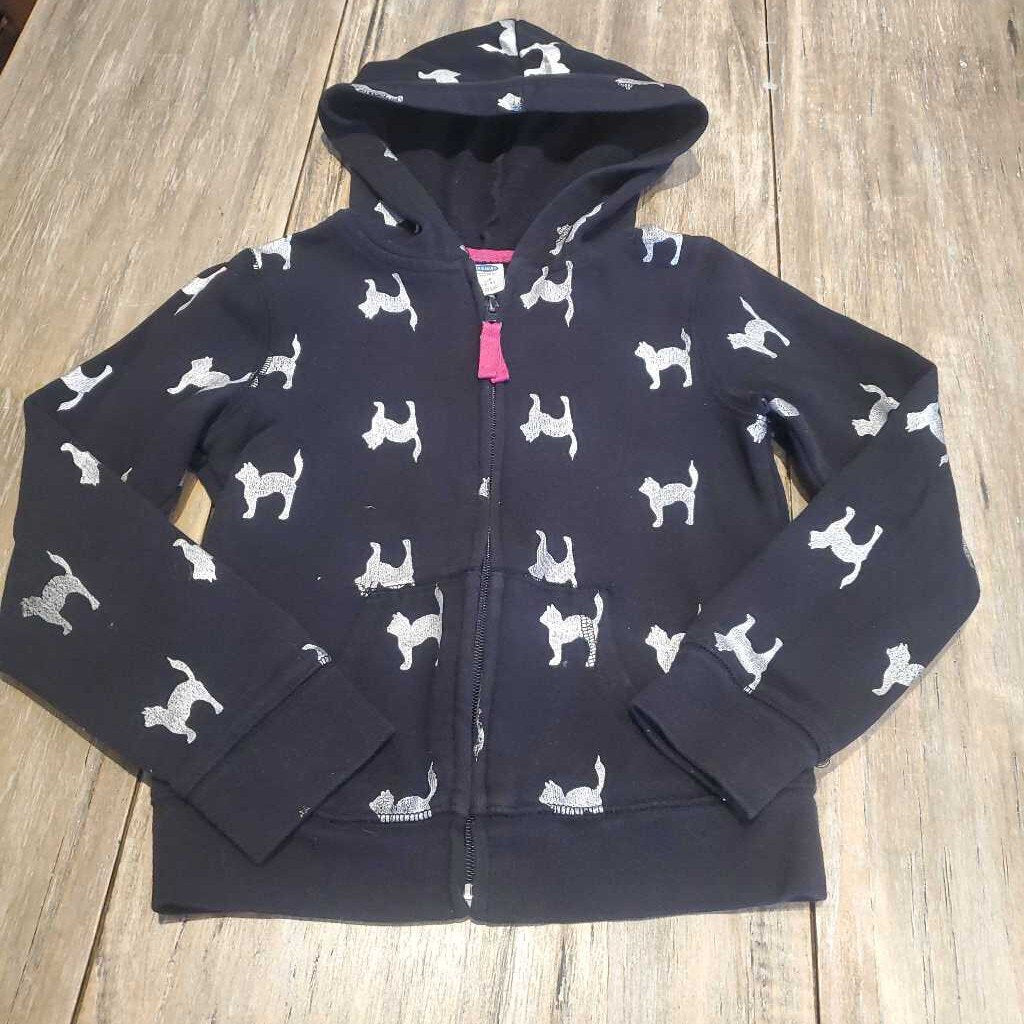 Old Navy black zip up hoody with silver cats 6-7Y