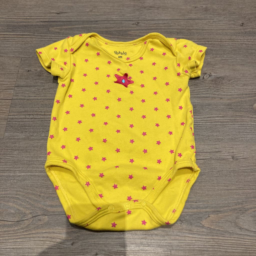 Pekkle Yellow with Pink Stars Onesie 6m