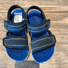 Load image into Gallery viewer, Sketchers black and blue velcro sandals size 12
