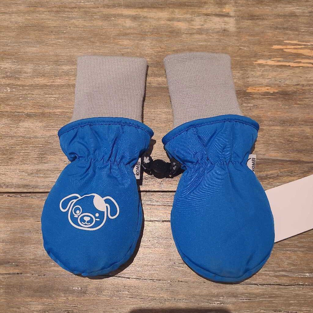 Kombi blue dog mittens with long cuffs 12-24m