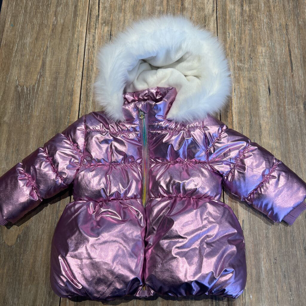 George metallic pink winter jacket with faux fur hood 6-12m