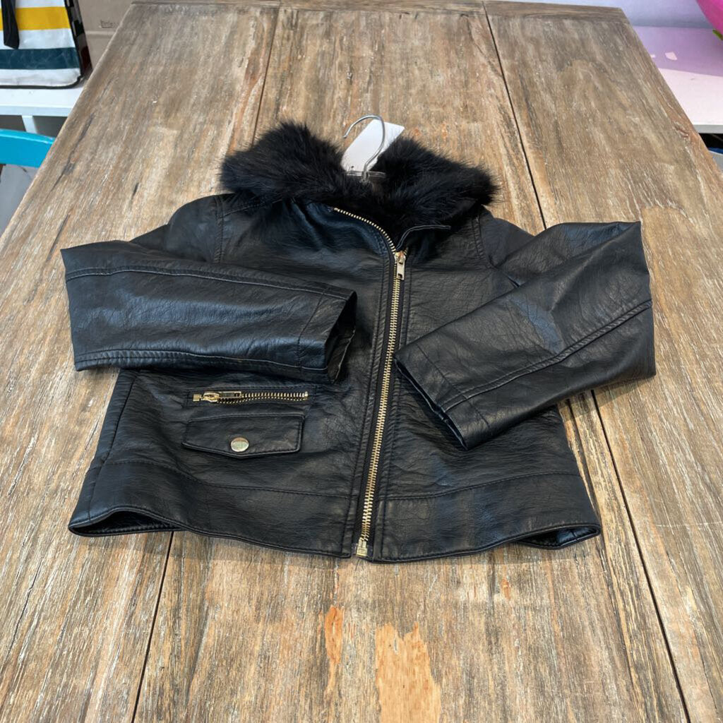 HM Black faux leather fur collar zip vicose Jacket 6-7Y